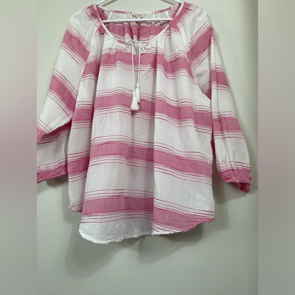 Sonoma Life Style Pink 3/4 Sleeve Blouse Lace Up Women's Pink White Strip Sz 1X - Picture 3 of 12